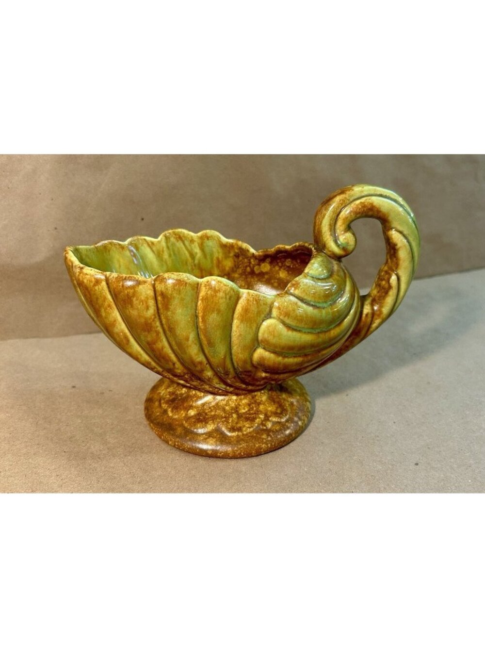 Vintage Haeger Pottery Planter Seashell/Cornucopia-Green and Brown Glaze